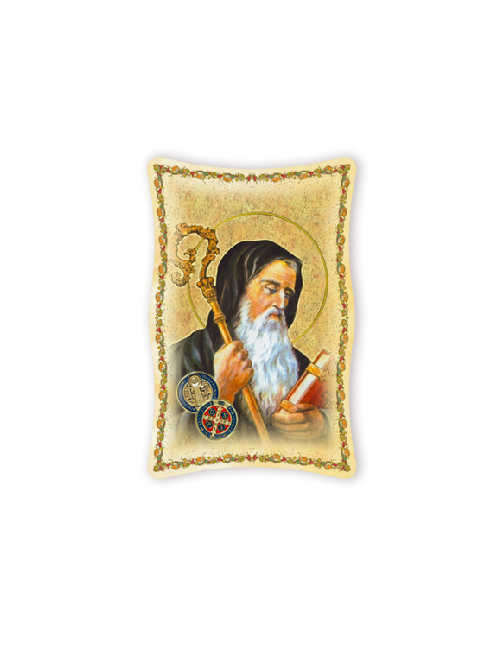 Quadro da Parete Sagomato con Immagine San Benedetto Effetto Lucido Cornice e Decoro a Rilievo 25x40 cm