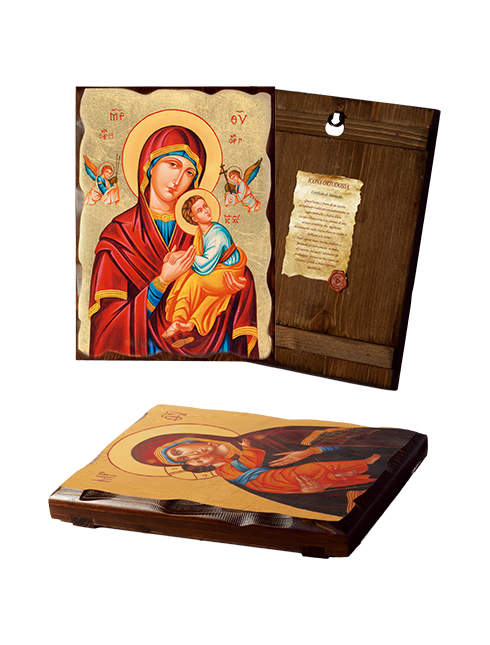 Quadro Icona Ortodossa Madonna con Bambino in Legno Massello con Foglia Oro