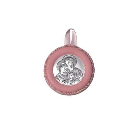 Sopraculla Rosa in Pelle Tondo con Placca in Argento con Sacra Famiglia