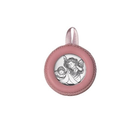 Sopraculla Rosa in Pelle Tondo con Placca in Argento con Angeli Custodi