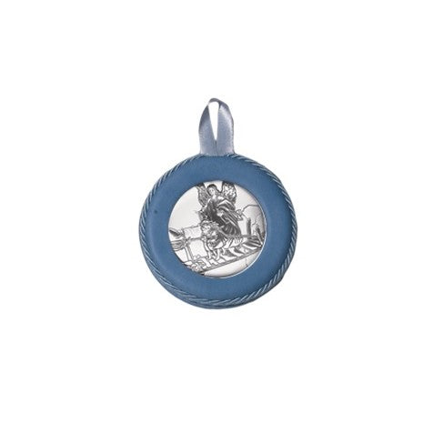 Sopraculla Azzurro in Pelle Tondo con Placca in Argento con Angelo Custode