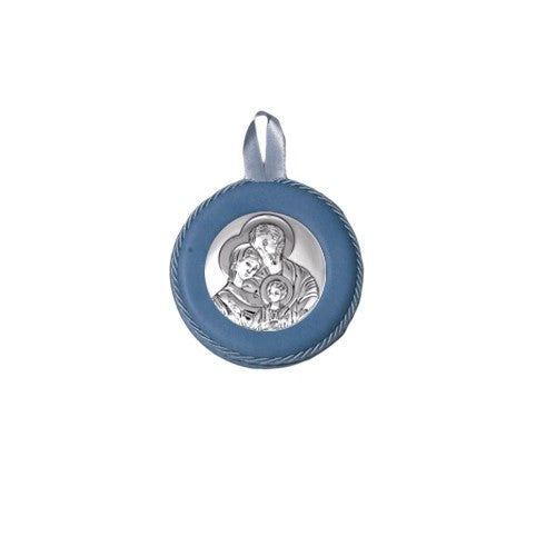 Sopraculla Azzurro in Pelle Tondo con Placca in Argento con Sacra Famiglia