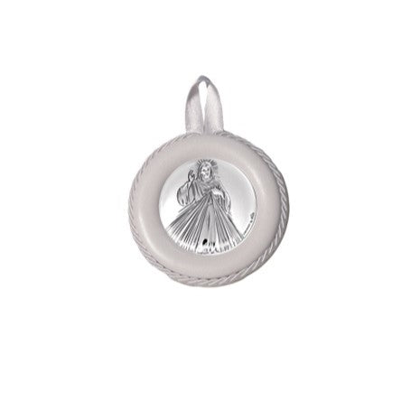 Sopraculla in Pelle Tondo con Placca in Argento con Gesù Misericordioso