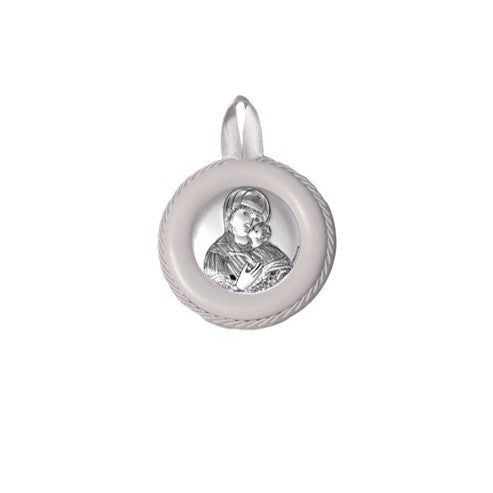 Sopraculla in Pelle Tondo con Placca in Argento con Madonna e Bambino