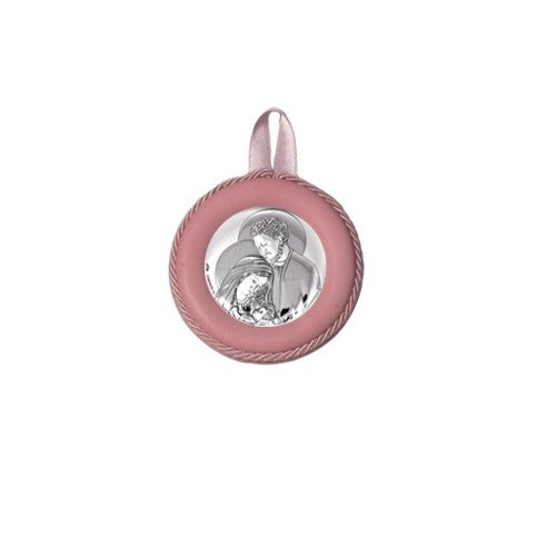 Sopraculla Rosa in Pelle Tondo con Placca in Argento con Sacra Famiglia