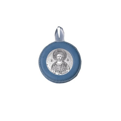 Sopraculla Azzurro in Pelle Tondo con Placca in Argento con Gesù Maestro