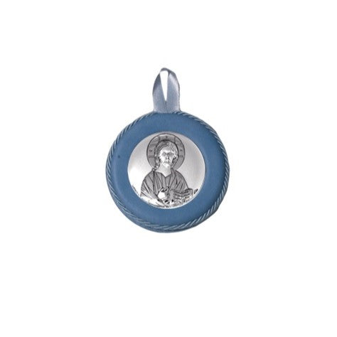 Sopraculla Azzurro in Pelle Tondo con Placca in Argento con Gesù Maestro