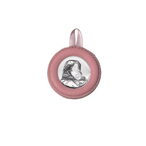 Sopraculla Rosa in Pelle Tondo con Placca in Argento con Madonna e Bambino