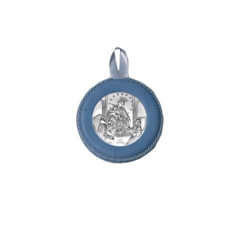 Sopraculla Azzurro in Pelle Tondo con Placca in Argento con Madonna di Pompei