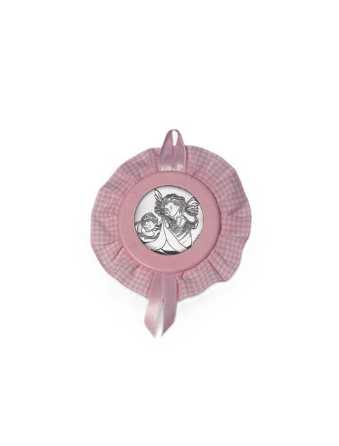 Sopraculla Rosa Tondo con Merletto e Placca in Argento Bilaminato con Angeli Custodi