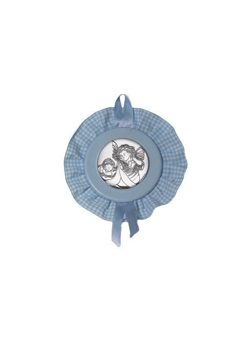 Sopraculla Azzurro Tondo con Merletto e Placca in Argento Bilaminato con Angeli Custodi