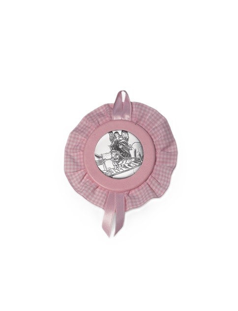 Sopraculla Rosa Tondo con Merletto e Placca in Argento Bilaminato con Angelo Custode