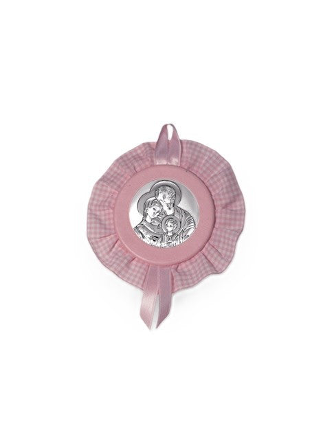 Sopraculla Rosa con Merletto e Placca in Argento Bilaminato con Sacra Famiglia