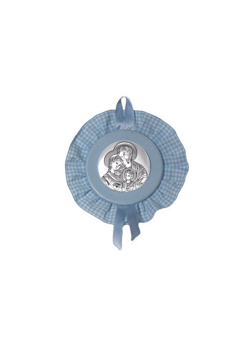 Sopraculla Azzurro Tondo con Merletto e Placca in Argento Bilaminato con Sacra Famiglia