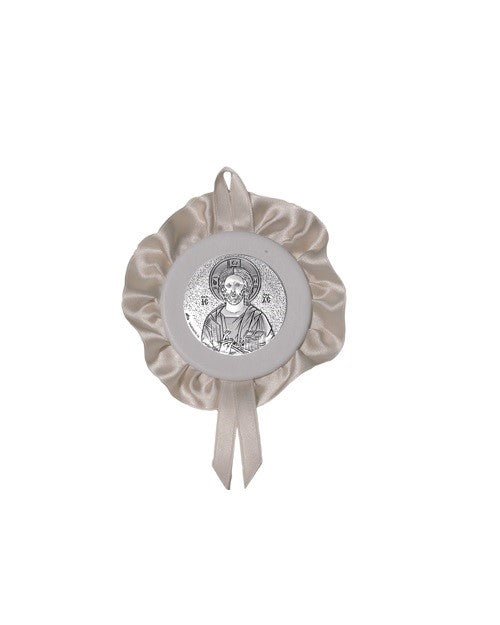 Sopraculla Avorio Tondo con Merletto e Placca in Argento Bilaminato con Gesù Maestro