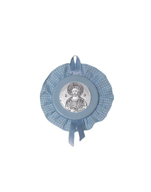 Sopraculla Azzurro Tondo con Merletto e Placca in Argento Bilaminato con Gesù Maestro