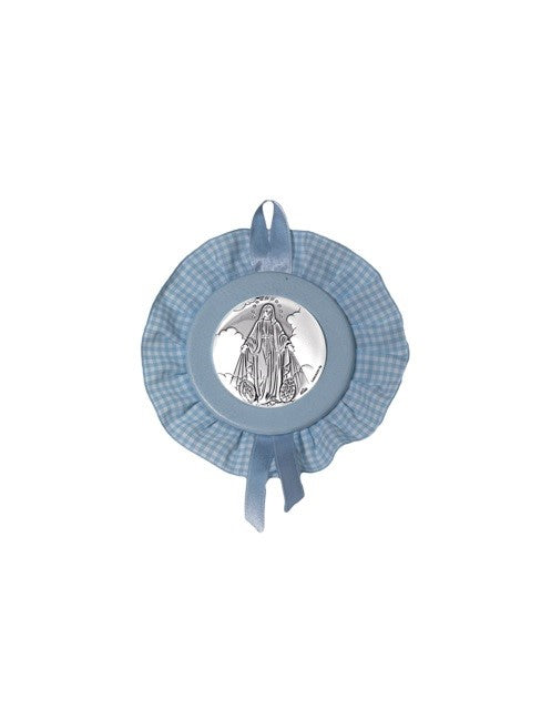 Sopraculla Azzurro Tondo con Merletto e Placca in Argento Bilaminato con Madonna Miracolosa