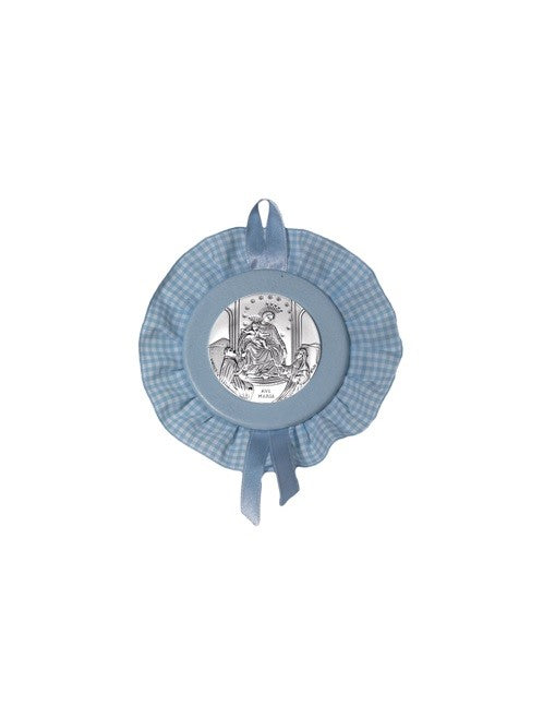 Sopraculla Azzurro Tondo con Merletto e Placca in Argento Bilaminato con Madonna di Pompei