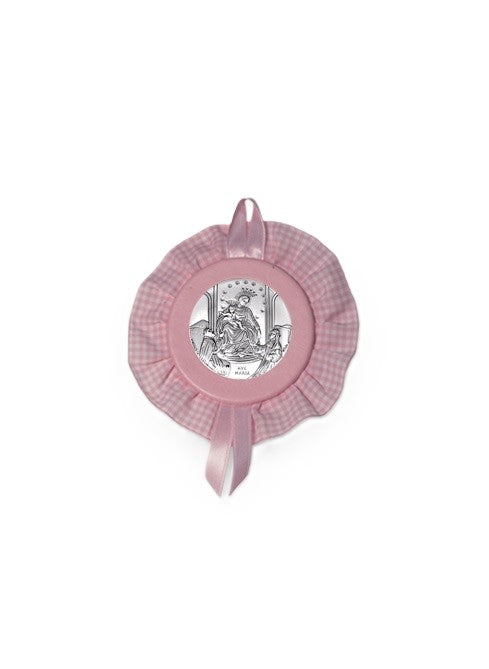 Sopraculla Rosa Tondo con Merletto e Placca in Argento Bilaminato con Madonna di Pompei