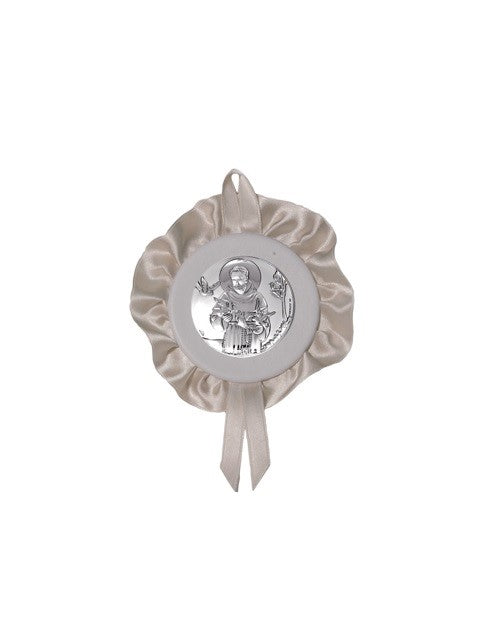 Sopraculla Avorio Tondo con Merletto e Placca in Argento Bilaminato con San Francesco d'Assisi