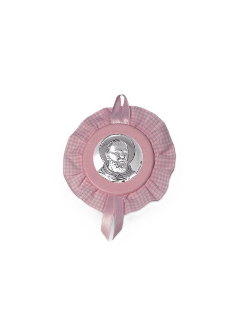 Sopraculla Rosa Tondo con Merletto e Placca in Argento Bilaminato con San Padre Pio da Pietrelcina