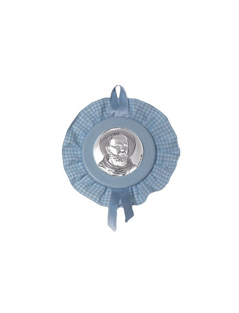 Sopraculla Azzurro Tondo con Merletto e Placca in Argento Bilaminato con San Padre Pio da Pietrelcina