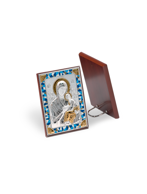 Quadretto Madonna con Bambino con Retro in Legno e Placca in Argento Bilaminato 8 x 11 cm