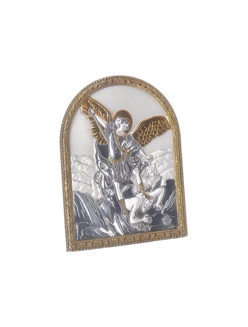 Quadro in Legno San Michele Arcangelo con Placca in Argento Bilaminato