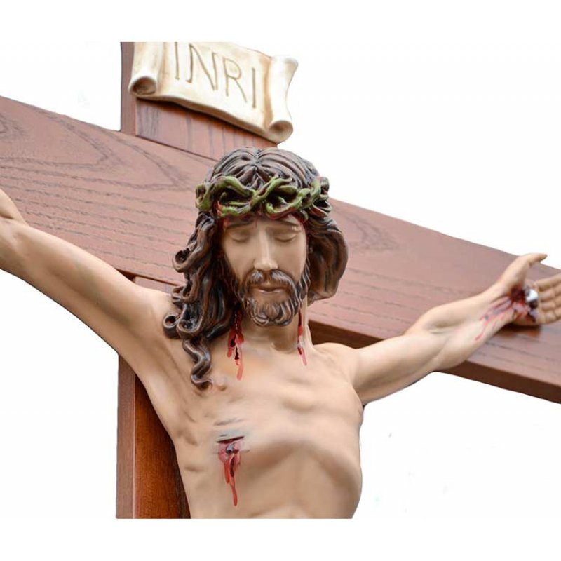 Crocifisso Croce in Legno 140 x 75 con Cristo 70 cm da Appendere in Resina