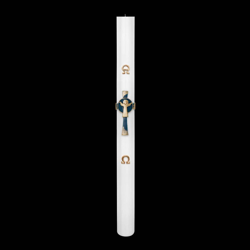 Cero Pasquale Bianco 80x1200 mm Decoro Bassorilievo Risorto su Croce con Anno Applicato e con Rinforzo