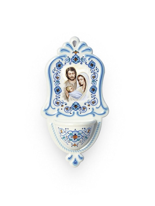 Acquasantiera Sacra Famiglia in Polimero Effetto Ceramica 15 Centimetri