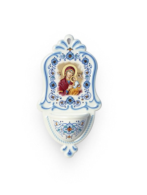 Acquasantiera Madonna con Bambino in Polimero Effetto Ceramica 15 Centimetri