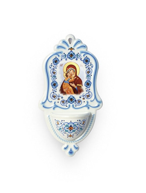 Acquasantiera Madonna con Bambino in Polimero Effetto Ceramica 15 Centimetri