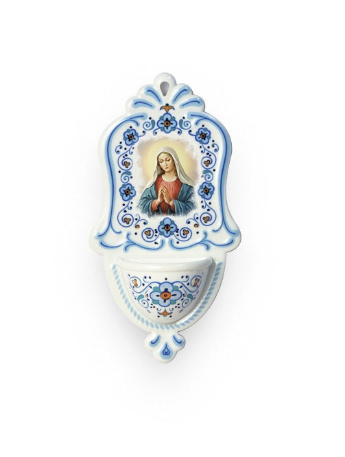 Acquasantiera Madonna che Prega in Polimero Effetto Ceramica 15 Centimetri
