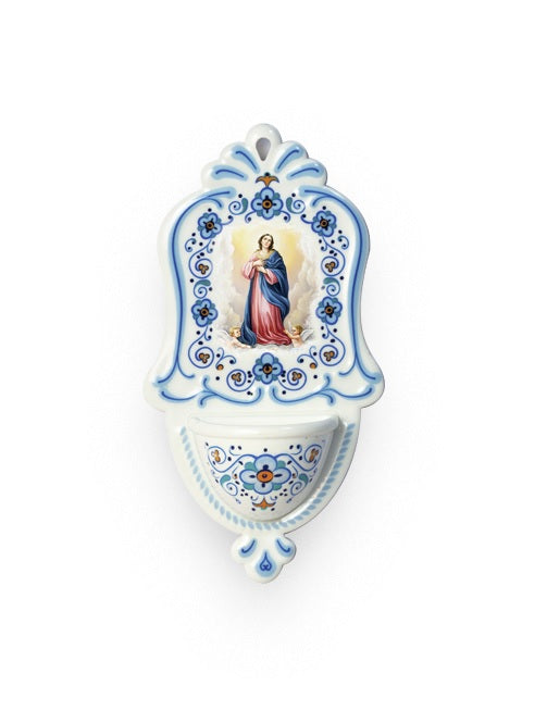 Acquasantiera Madonna Assunta in Polimero Effetto Ceramica 15 Centimetri