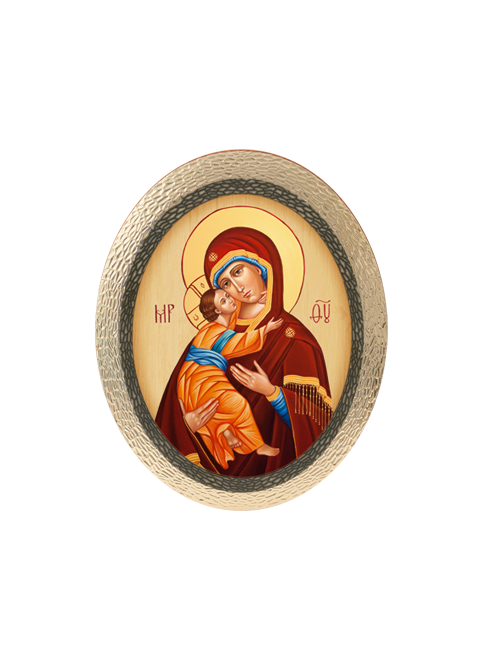 Quadro Ovale Bizantino Madonna con Bambino in Polimero Effetto Legno Sfaccettato