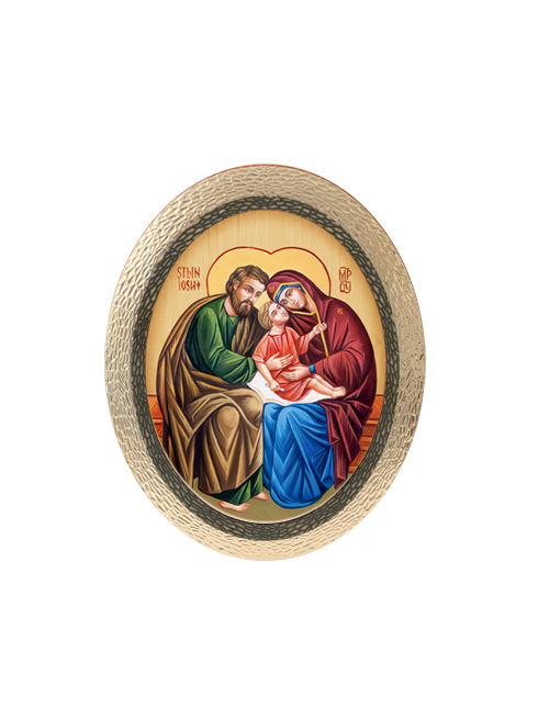 Quadro Ovale Bizantino Sacra Famiglia in Polimero Effetto Legno Sfaccettato