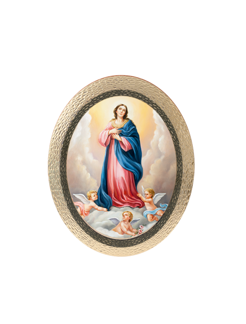Quadro Ovale Madonna Assunta con Angeli in Polimero Effetto Legno Sfaccettato