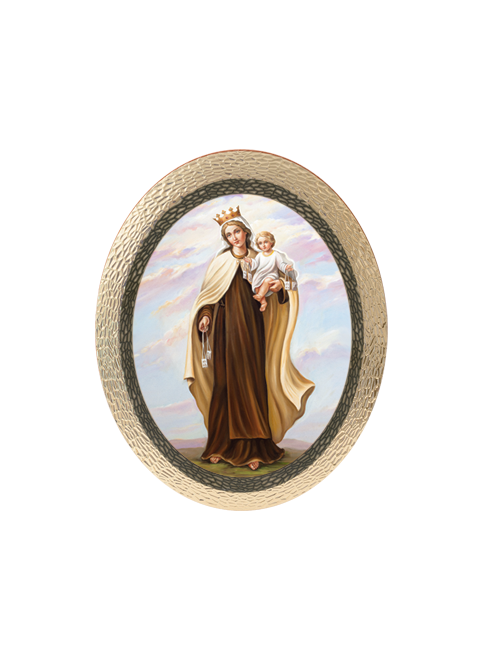 Quadro Ovale Madonna del Carmine in Polimero Effetto Legno Sfaccettato