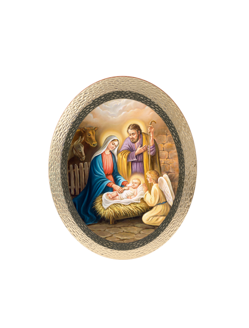 Quadro Ovale Natività in Polimero Effetto Legno Sfaccettato