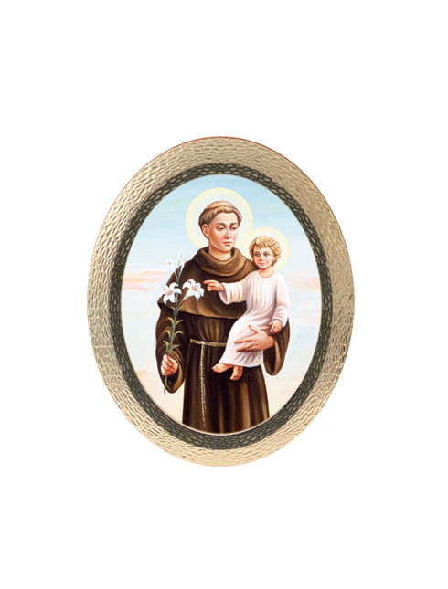 Quadro Ovale Sant'Antonio da Padova in Polimero Effetto Legno Sfaccettato