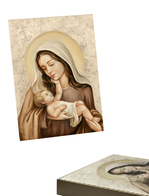 Quadro Madonna con Bambino in Tela Effetto Dipinto con Telaio in Legno