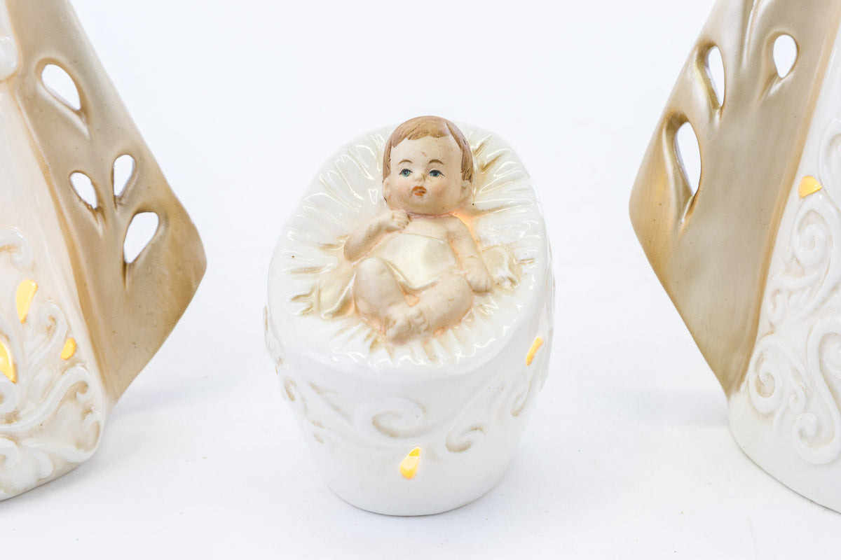 Set Statue Natività Presepe 3 Pezzi in Porcellana con Luci a Led 23 cm