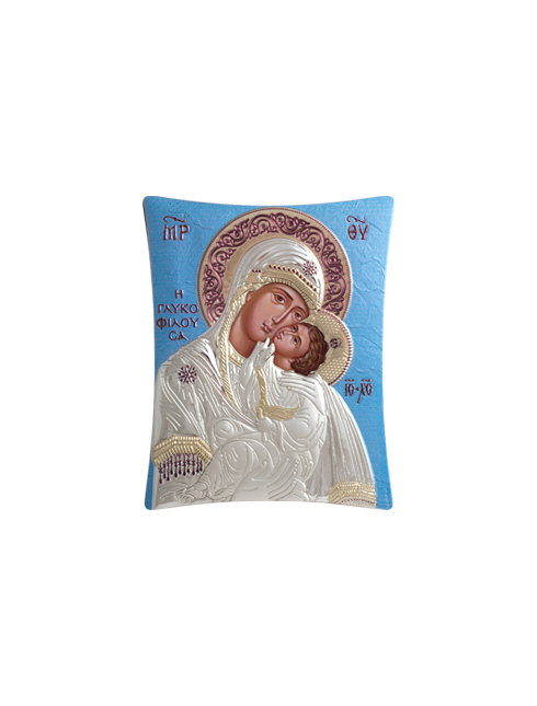 Icona Ortodossa Madonna con Bambino Quadretto in Legno e Argento