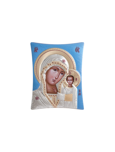 Icona Ortodossa Madonna con Bambino Quadretto in Legno e Argento