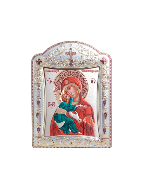 Icona Ortodossa Madonna con Bambino Quadretto in Legno e Argento con Vetro