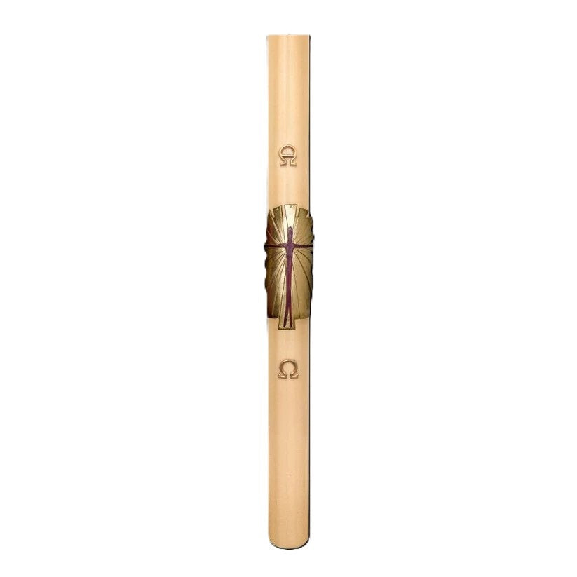 Cero Pasquale in Cera d'Api 80x1200 mm Decoro Bassorilievo Gesù Risorto Stilizzato con Anno Applicato e con Rinforzo in Metallo