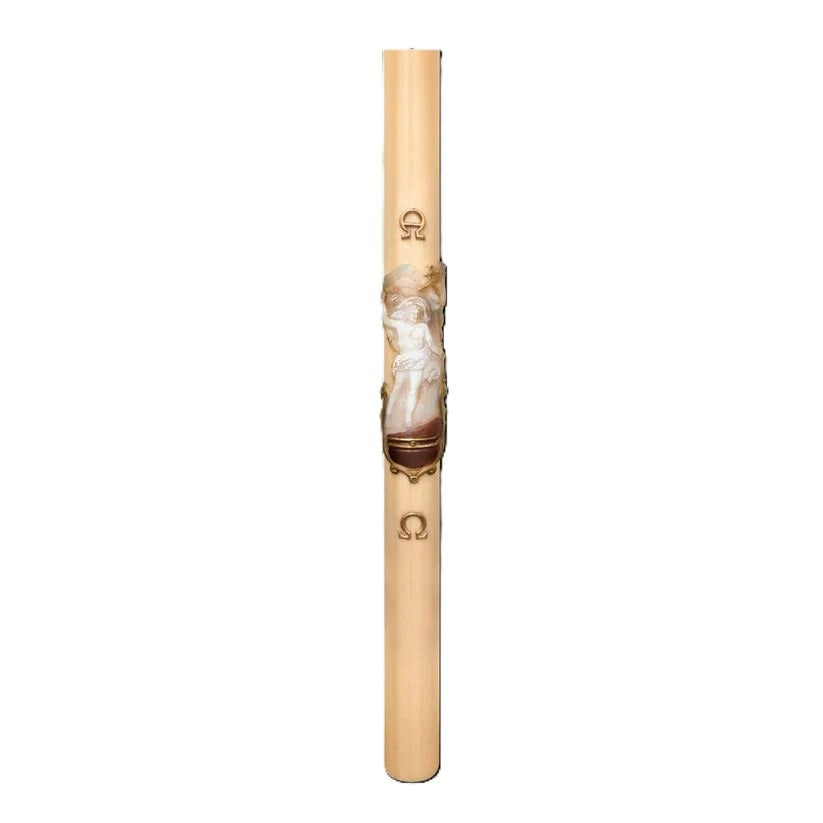Cero Pasquale in Cera d'Api 80x1200 mm Decoro Bassorilievo Gesù Risorto con Anno Applicato e con Rinforzo in Metallo