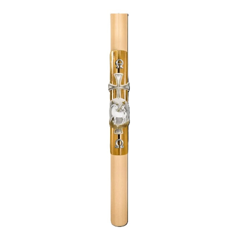 Cero Pasquale in Cera d'Api 80x1200 mm Decoro Foglia Oro Bassorilievo Agnello con Anno Applicato e con Rinforzo in Metallo