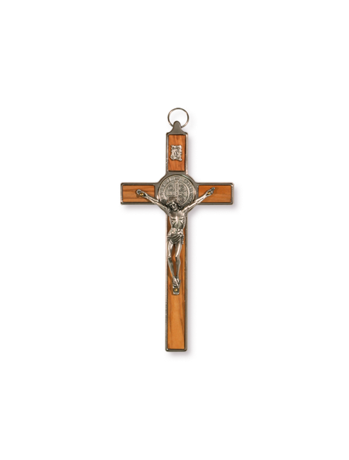 Croce di San Benedetto in Metallo con Inserto in Legno d'Ulivo 10 x 20 Centimetri
